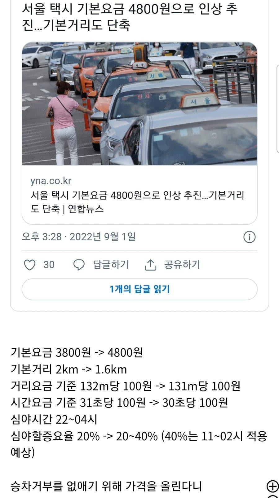 서울 택시 기본요금 4800원으로 인상 추진